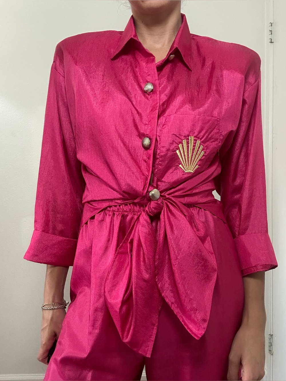 Vintage 80’s Hot Pink Satin Button-Up Pants Set Shell Buttons & Embroidered S
